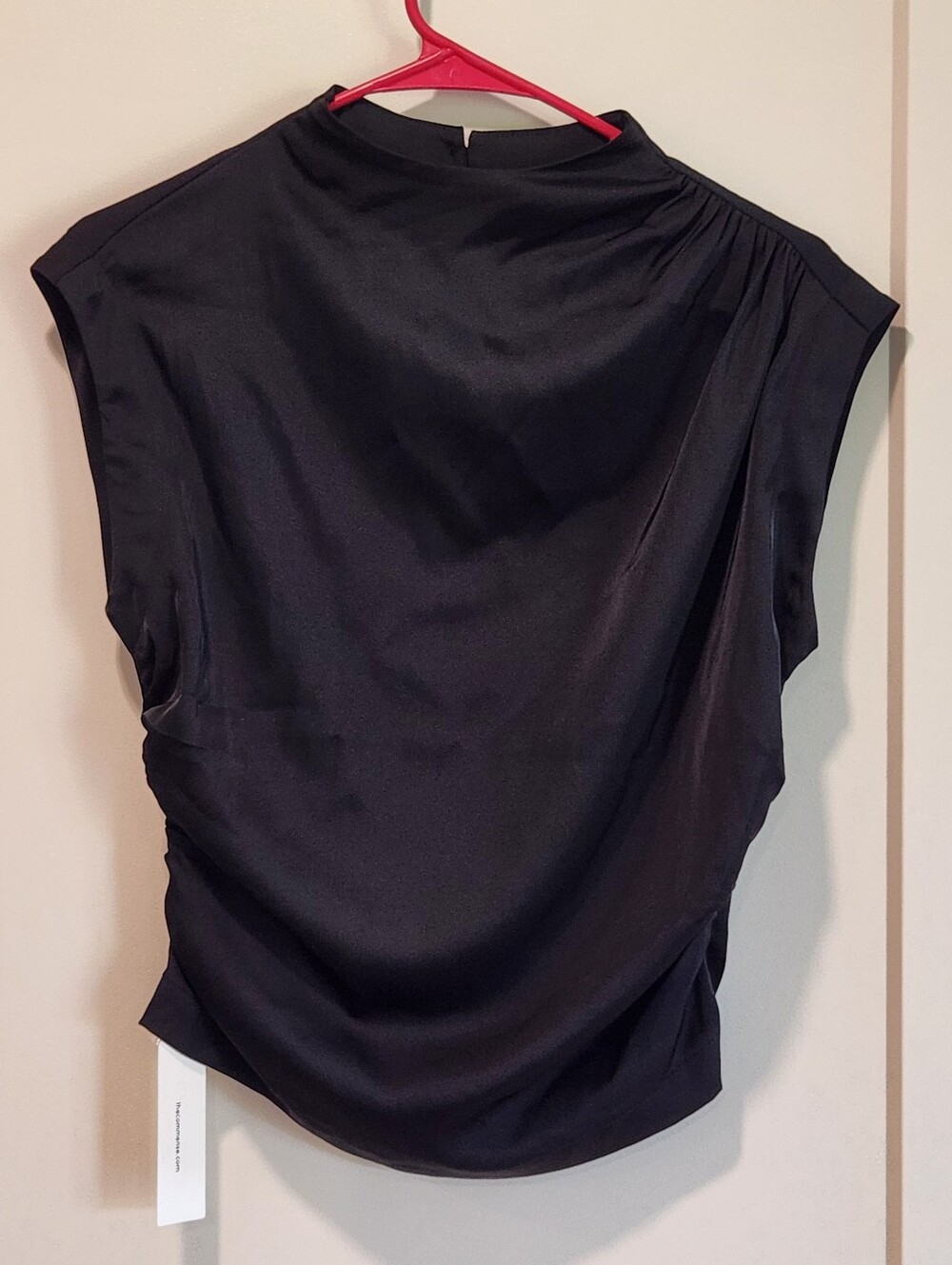 Commense Black Satin Mock Neck Ruched Sleeveless Top Blouse Medium M